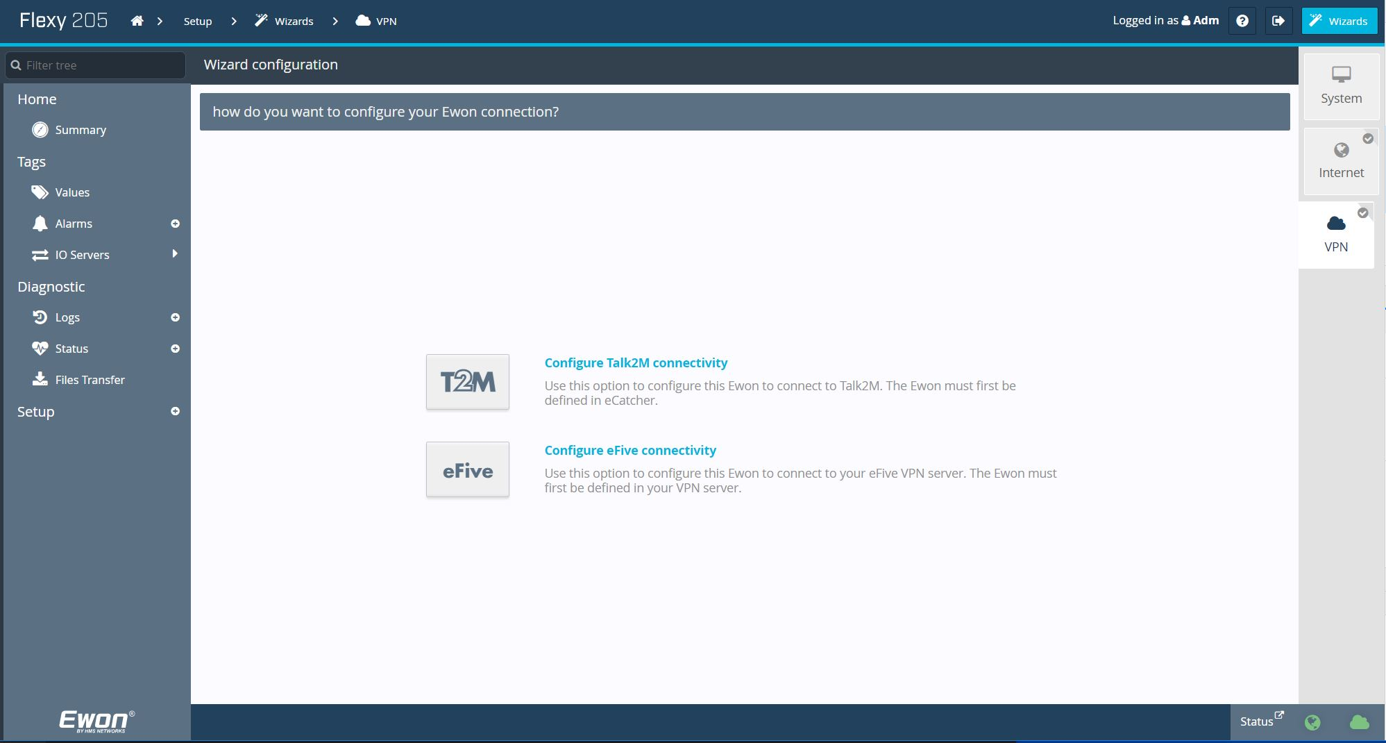 Ewon VPN Wizard page with Configure Talk2M connectivity button