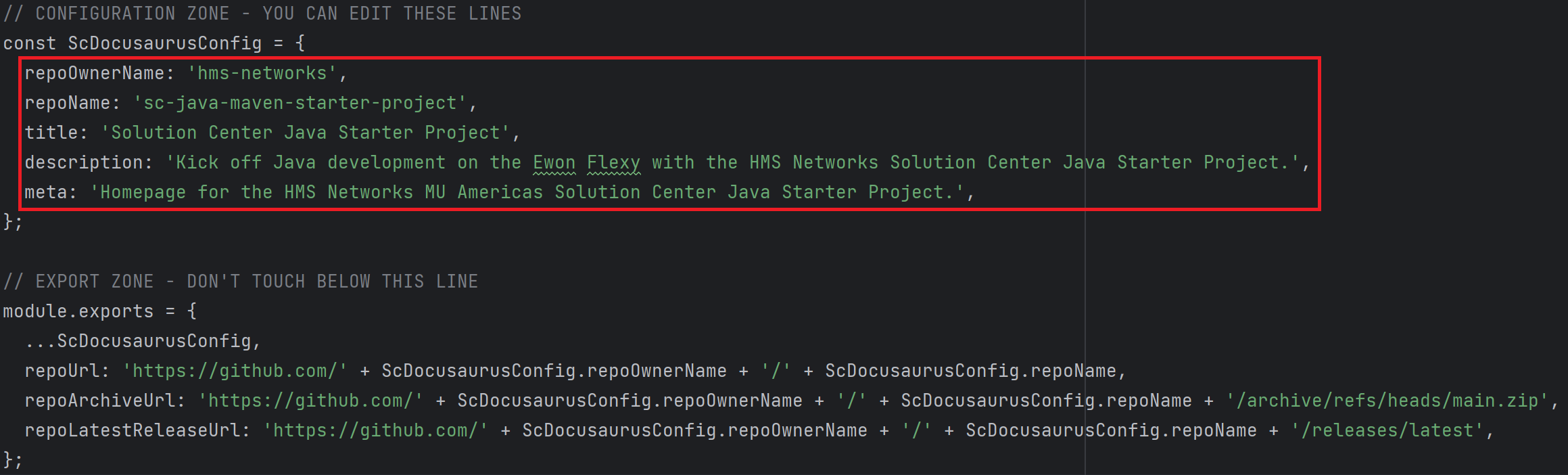 Docusaurus config file fields highlighted