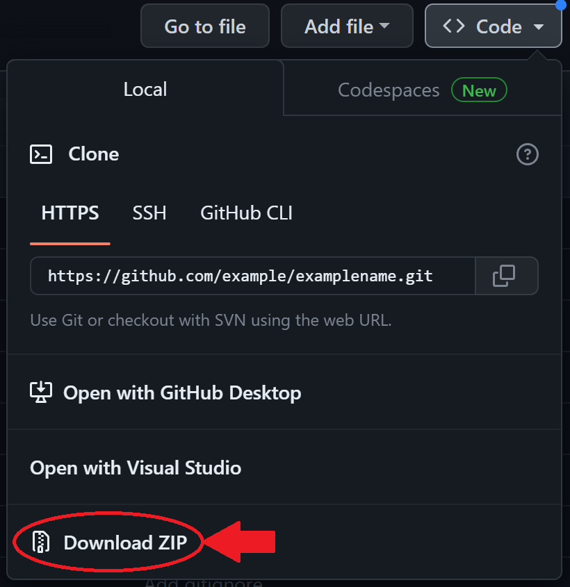 GitHub code button menu download zip option