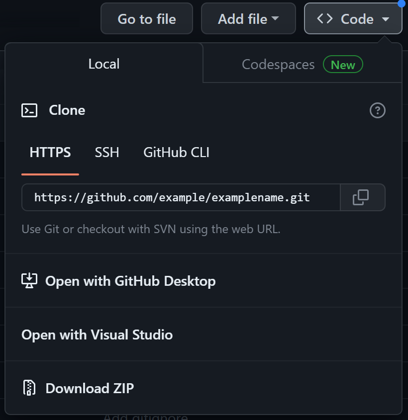 GitHub code button menu