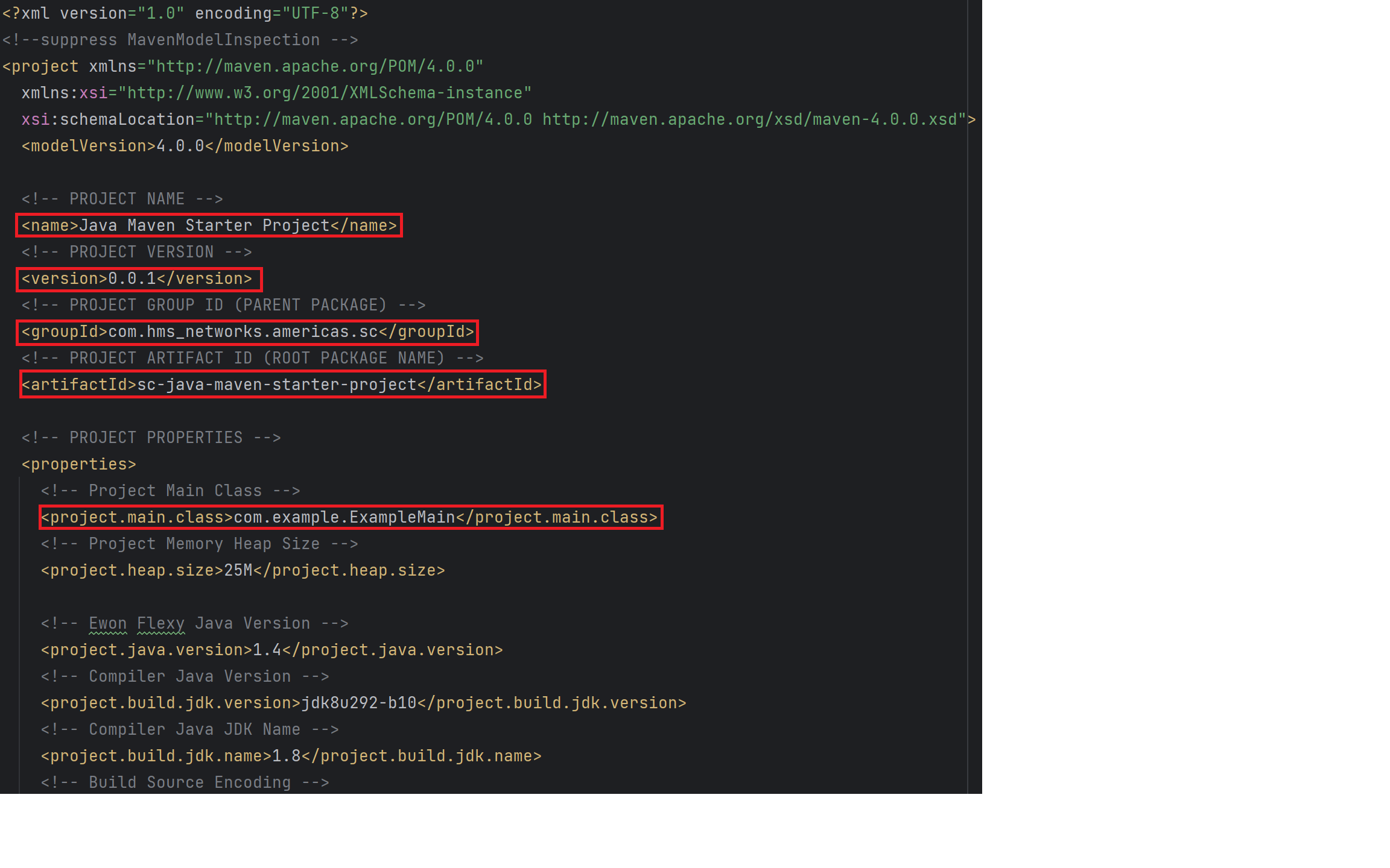 Maven pom file fields highlighted